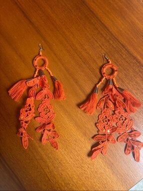 Handmade Orange Floral Lace Tassel Drop Earrings